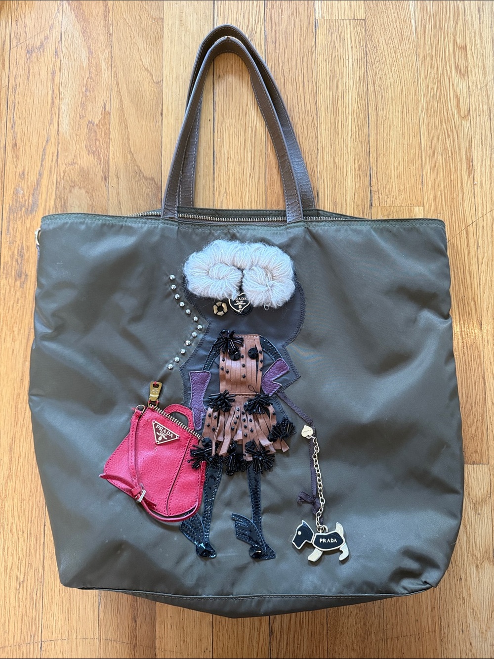 Prada Olive Nylon Tote with Pink Mini-Bag Accent